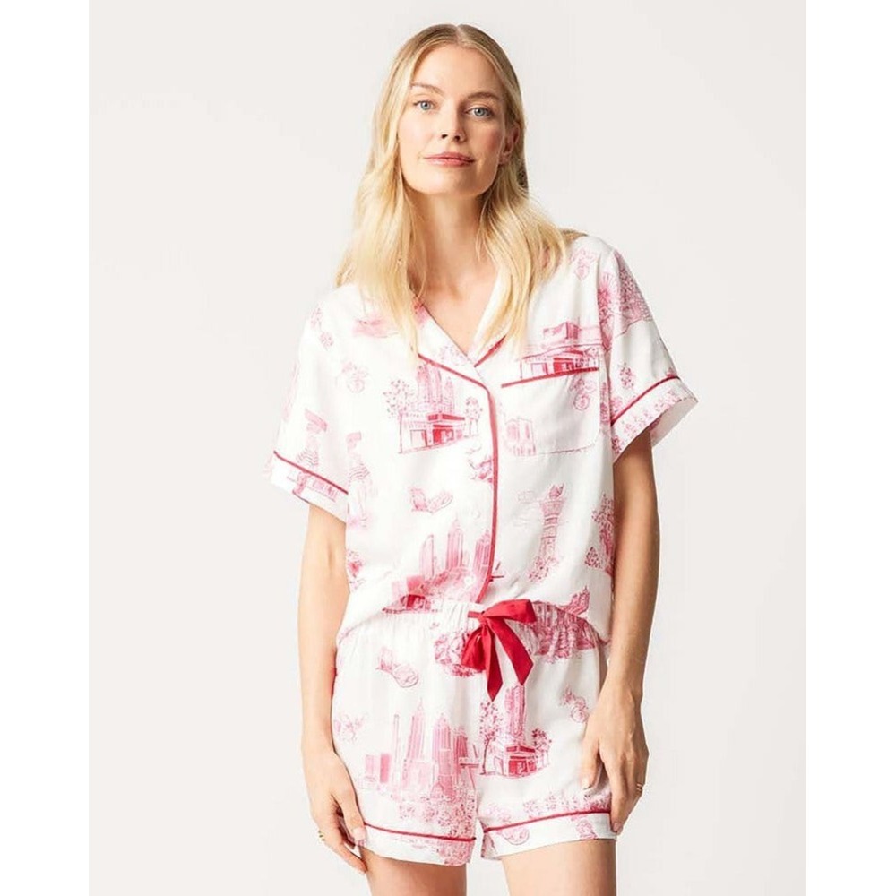 Katie Kime Atlanta Toile Pajamas Two Piece Shirt Shorts Set XS Drawstring *Flaw